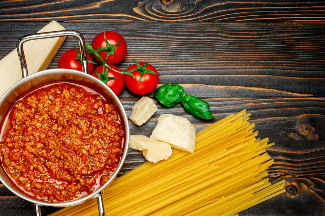 Spaghetti bolognese sauce on a pan